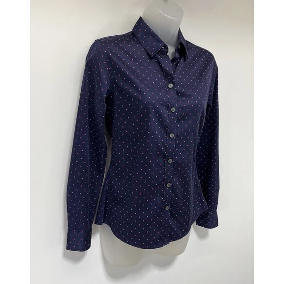 Banana Republic Non Iron Shirt Top Women’s Size 0 Button Up LS Blue W/ Pink Dots - Picture 3 of 6
